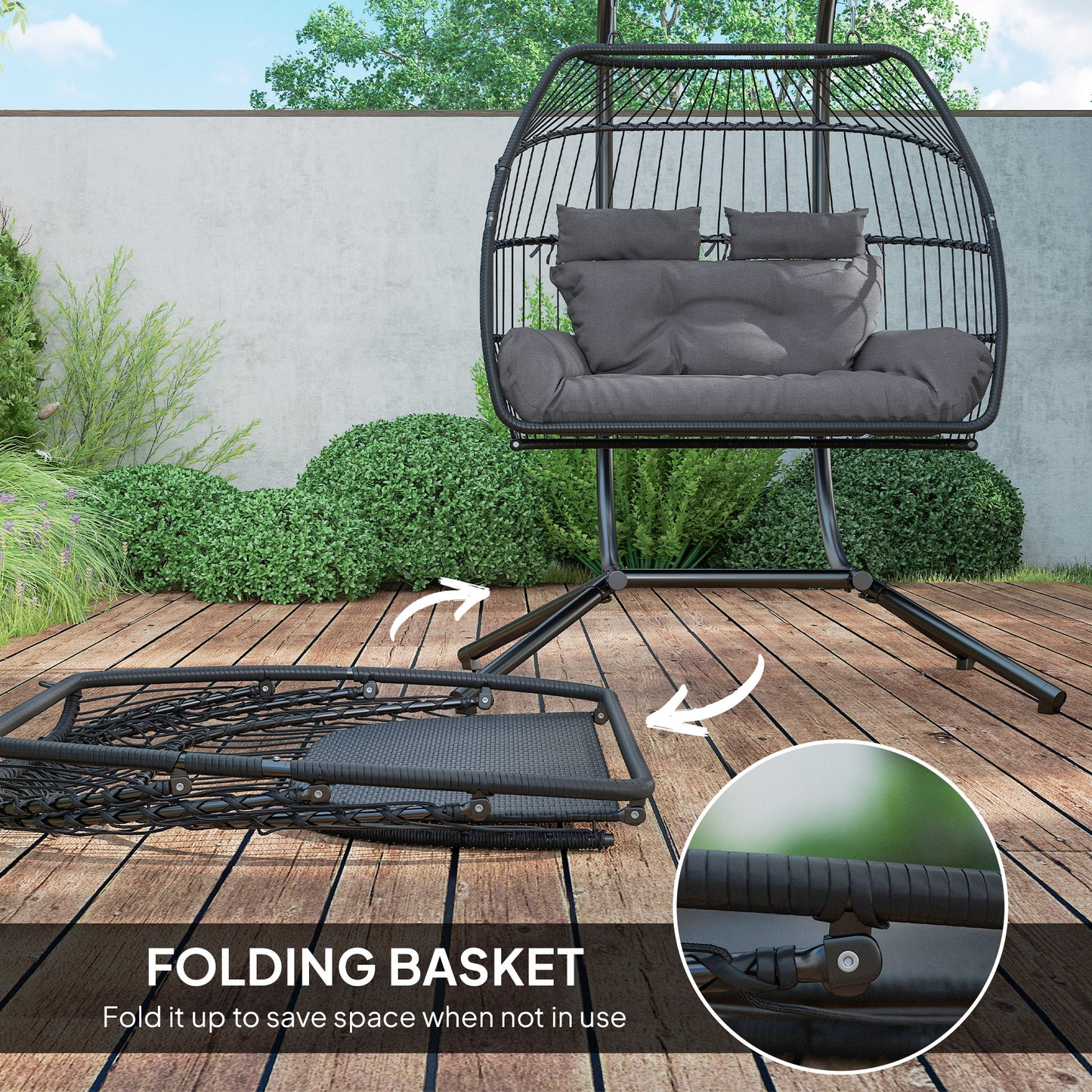 Outsunny Rattan Double Hanging Egg Chair ze stojakiem, składany wiklinowy fotel w kształcie jajka z poduszką, poduszki pod głowę, stalowa rama, fotel hamakowy do wewnątrz i na zewnątrz, nośność 260 kg, ciemnoszary