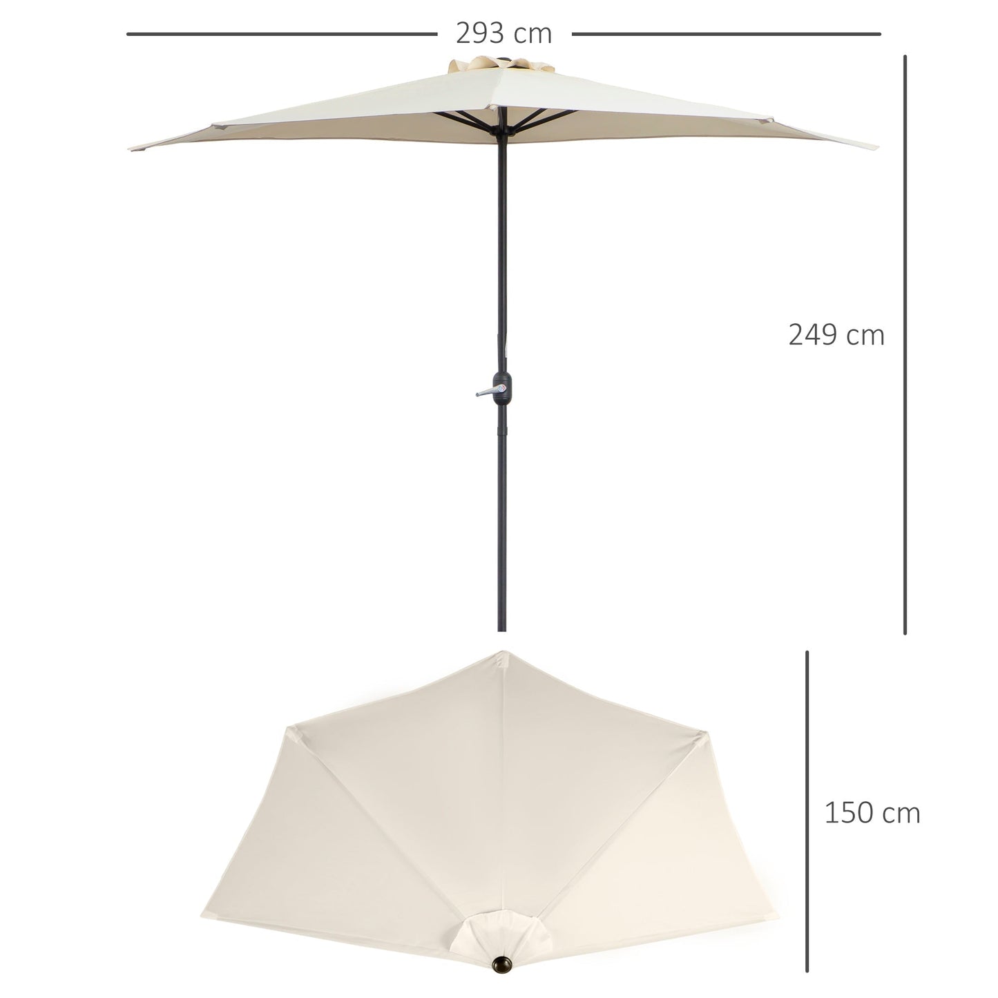 Outsunny 3(m) Half Parasol, Semi Round Umbrella with Metal Frame, Crank Handle for Balcony, Garden, Cream White