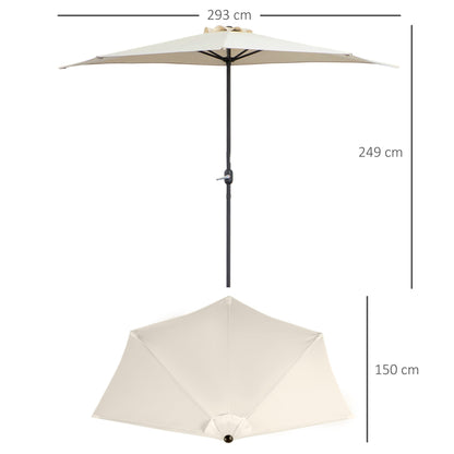 Outsunny 3(m) Half Parasol, Semi Round Umbrella with Metal Frame, Crank Handle for Balcony, Garden, Cream White