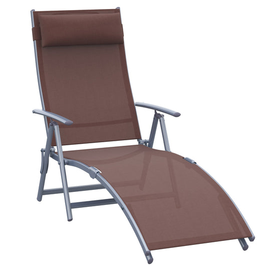 Outsunny Patio Sun Lounger Garden Texteline Foldable Reclining Chair w/ Pillow Outdoor Adjustable Recliner (Brown)