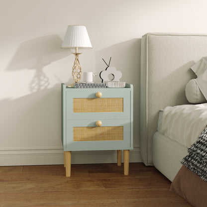 HOMCOM Bedroom Chest of Drawers, Boho Rattan Dresser with 2 Drawers, Storage Cabinet for Living Room, Hallway, Entryway, Olive Green