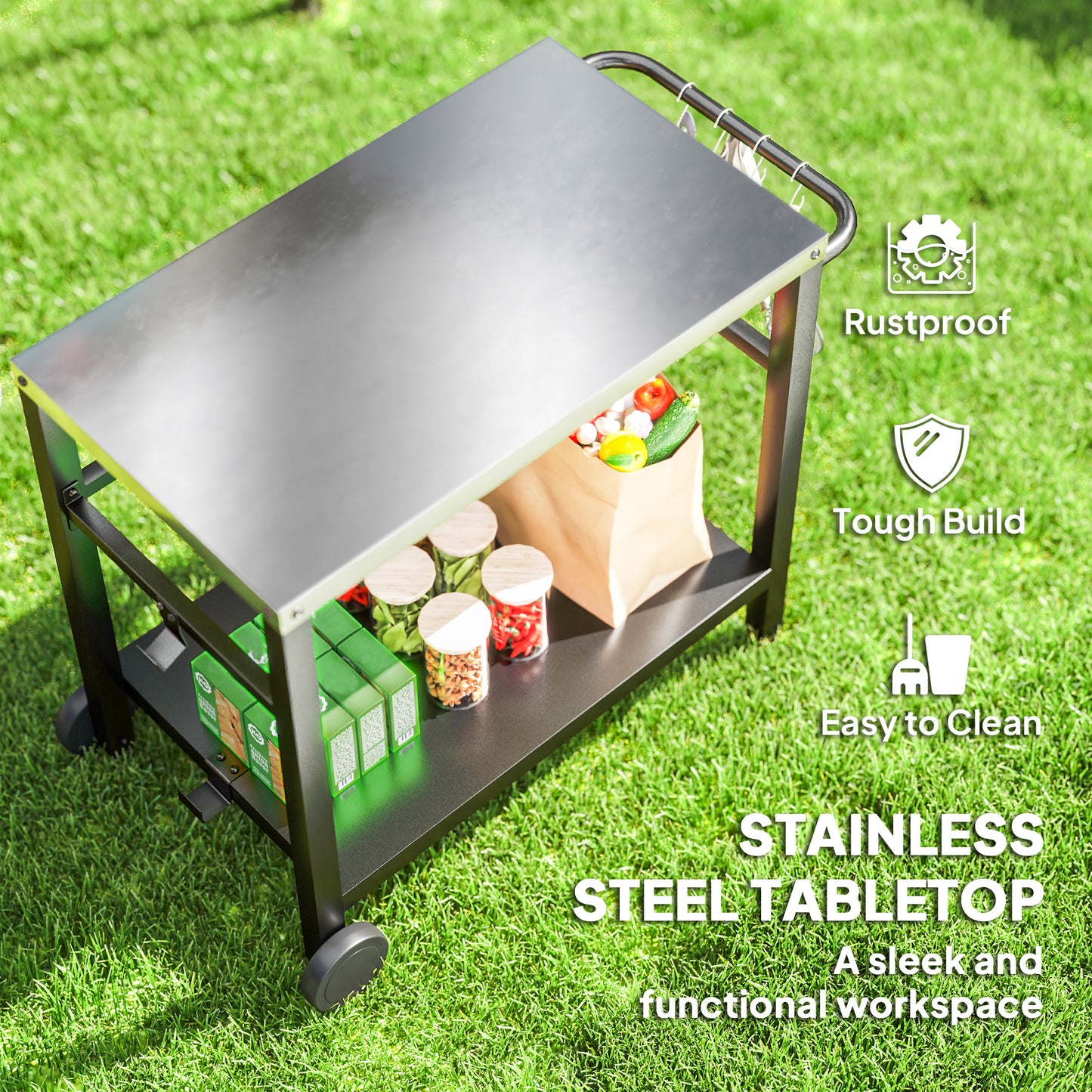 Outsunny Outdoor Grill Dining Cart 2-Shelf Movable Pizza Oven Table Stand z blatem ze stali nierdzewnej, przenośny wózek do grilla Food Prep Outdoor Kitchen BBQ Station z haczykami, kółkami i uchwytem, ​​antracytowy