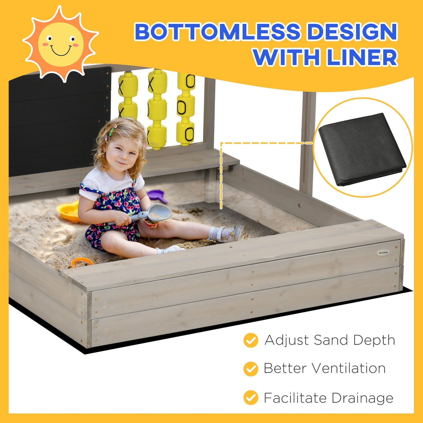 Outsunny Kids Wooden Sandpit, Sandbox with Canopy & Seats, for Gardens - Grey