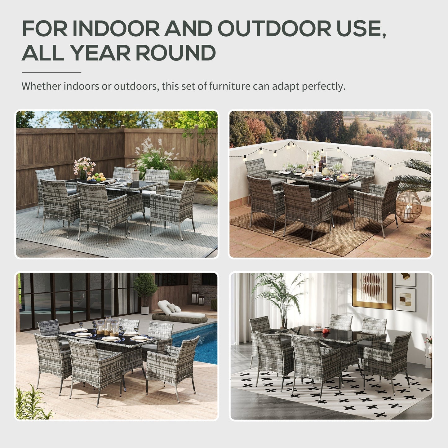 Outsunny 7-Piece Rattan Garden Furniture Set with Cushions, 6 Seater Garden Table and Chairs, Rattan Dining Set with 6 Armchairs, Rectangular Glass Top Table, Grey