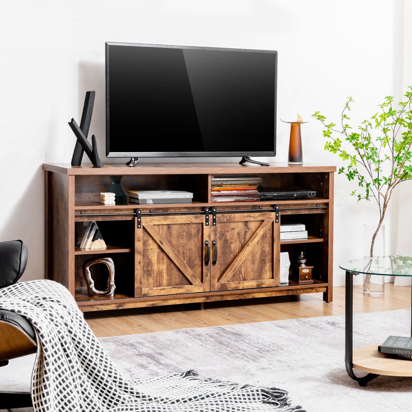 Sliding Barn Door Farmhouse Flat Screen Console for 65 Inch TVs-Rustic Brown