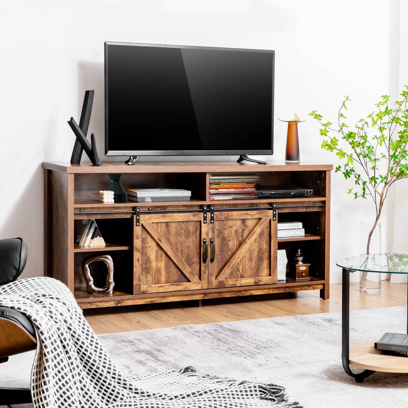 Sliding Barn Door Farmhouse Flat Screen Console for 65 Inch TVs-Rustic Brown