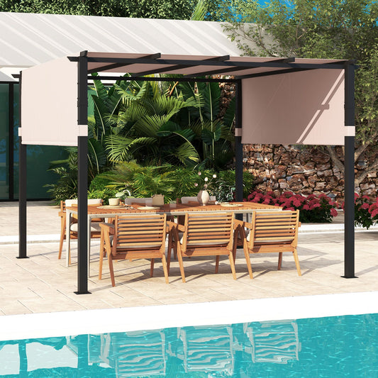 305 x 305 cm Flat Top Pergola with Retractable Canopy and Heavy-duty Metal Frame-Beige