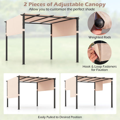 305 x 305 cm Flat Top Pergola with Retractable Canopy and Heavy-duty Metal Frame-Beige