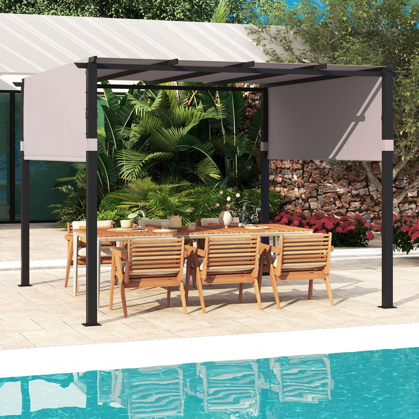 305 x 305 cm Flat Top Pergola with Retractable Canopy and Heavy-duty Metal Frame-Grey