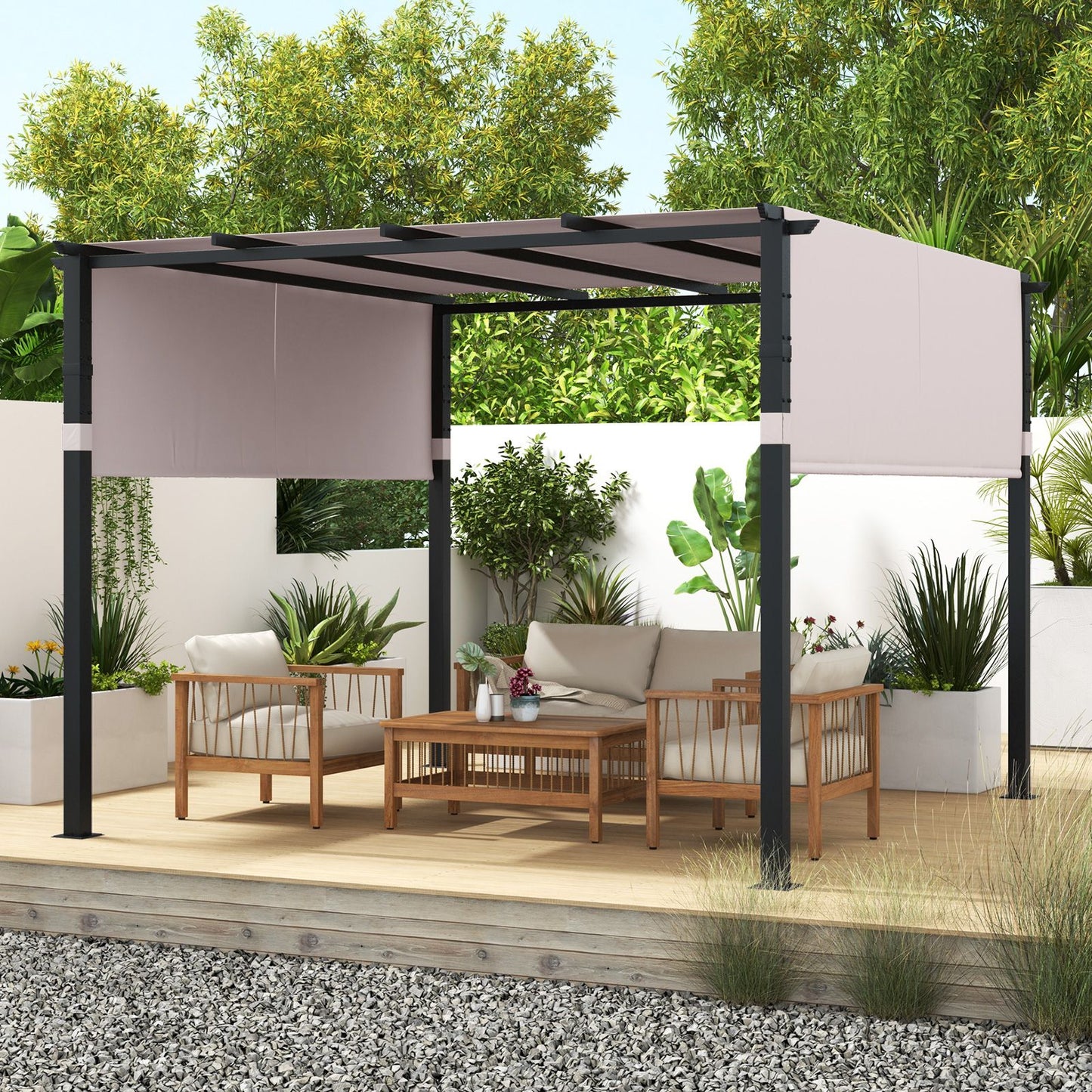 305 x 305 cm Flat Top Pergola with Retractable Canopy and Heavy-duty Metal Frame-Grey