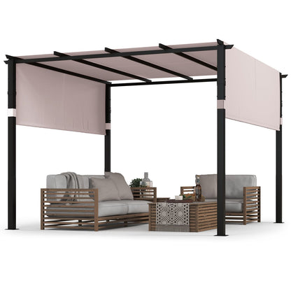 305 x 305 cm Flat Top Pergola with Retractable Canopy and Heavy-duty Metal Frame-Grey