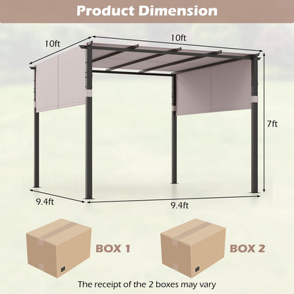 305 x 305 cm Flat Top Pergola with Retractable Canopy and Heavy-duty Metal Frame-Grey