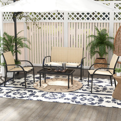 4 Piece Curved Steel Outdoor Furniture Set w/ Loveseat, 2 Texteline Seats, Glass Top Table Garden Balcony Patio Furniture - Beige