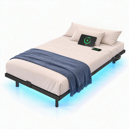 Floating Bed Frame with LED Lights and Charging Station Mattress Slide Stopper-Black