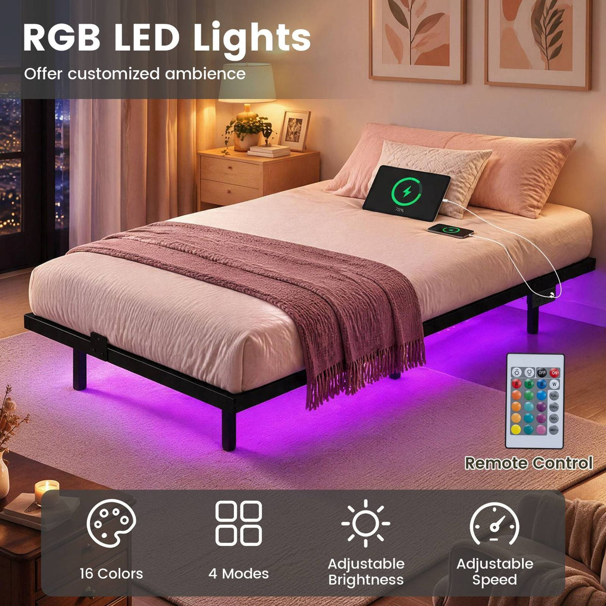 Floating Bed Frame with LED Lights and Charging Station Mattress Slide Stopper-Black