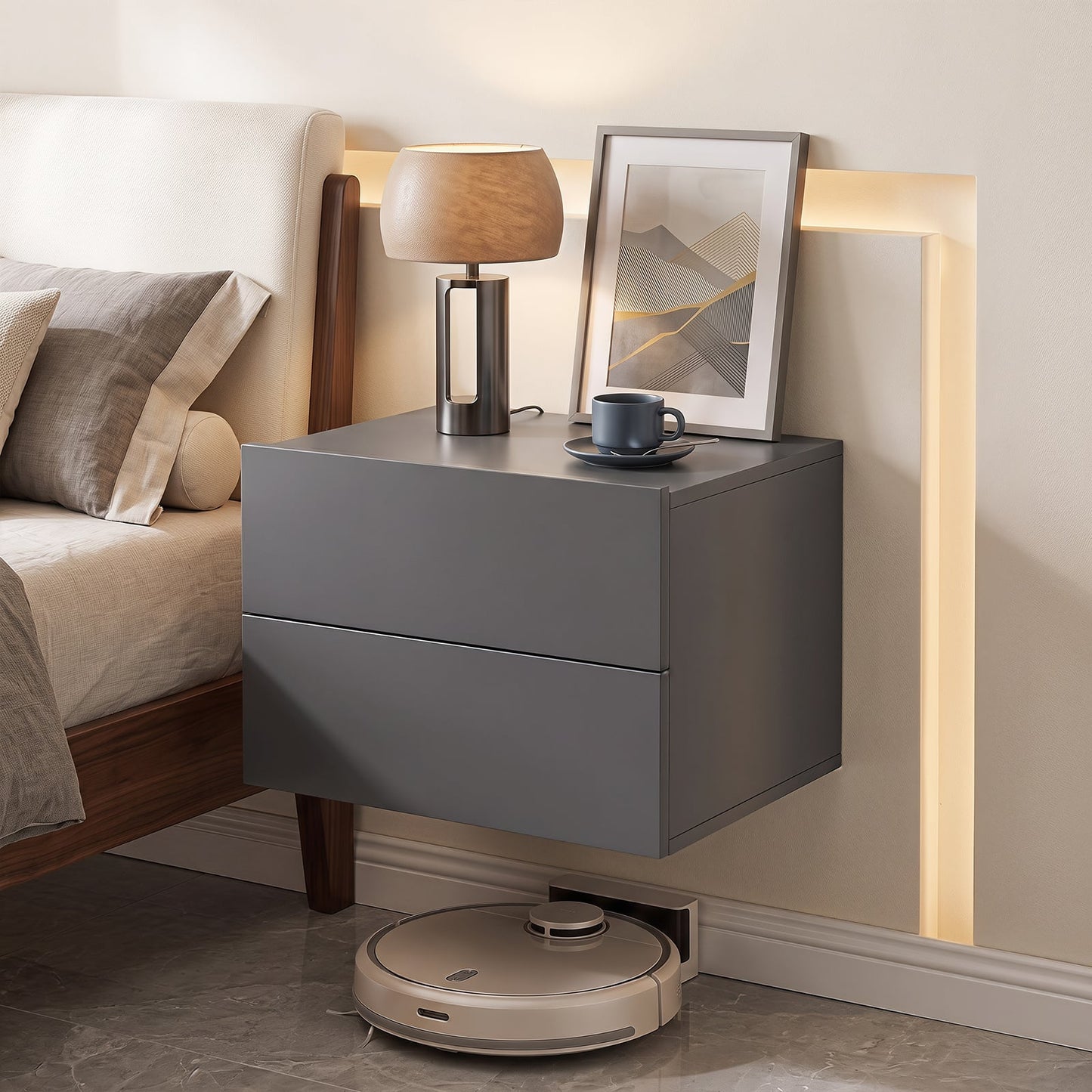 Floating Nightstand with Storage Drawers Wall Mounted for Living Room Bedroom-Gtey