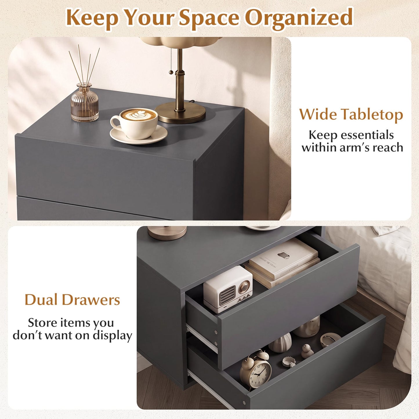 Floating Nightstand with Storage Drawers Wall Mounted for Living Room Bedroom-Gtey