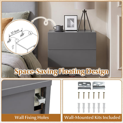 Floating Nightstand with Storage Drawers Wall Mounted for Living Room Bedroom-Gtey