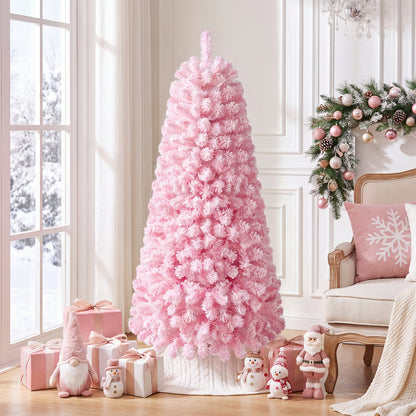 Flocked Pencil Christmas Tree with Full Branch Tips and Folding Metal Stand for Holiday Decor-150cm