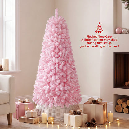 Flocked Pencil Christmas Tree with Full Branch Tips and Folding Metal Stand for Holiday Decor-150cm