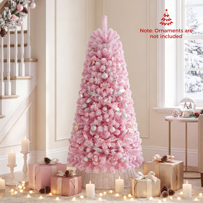 Flocked Pencil Christmas Tree with Full Branch Tips and Folding Metal Stand for Holiday Decor-150cm