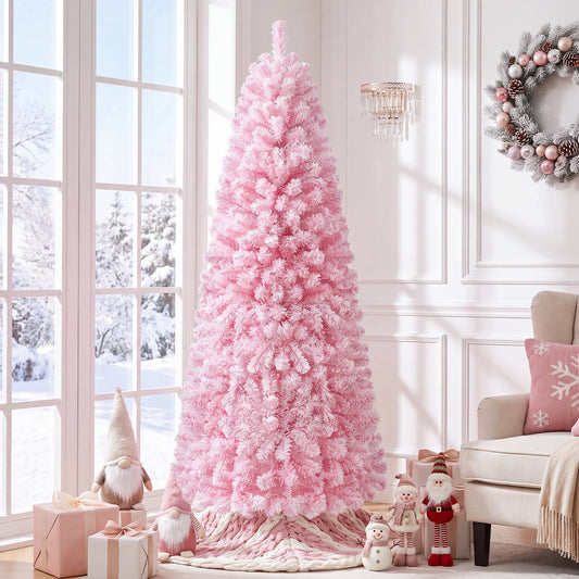 Flocked Pencil Christmas Tree with Full Branch Tips and Folding Metal Stand for Holiday Decor-180cm