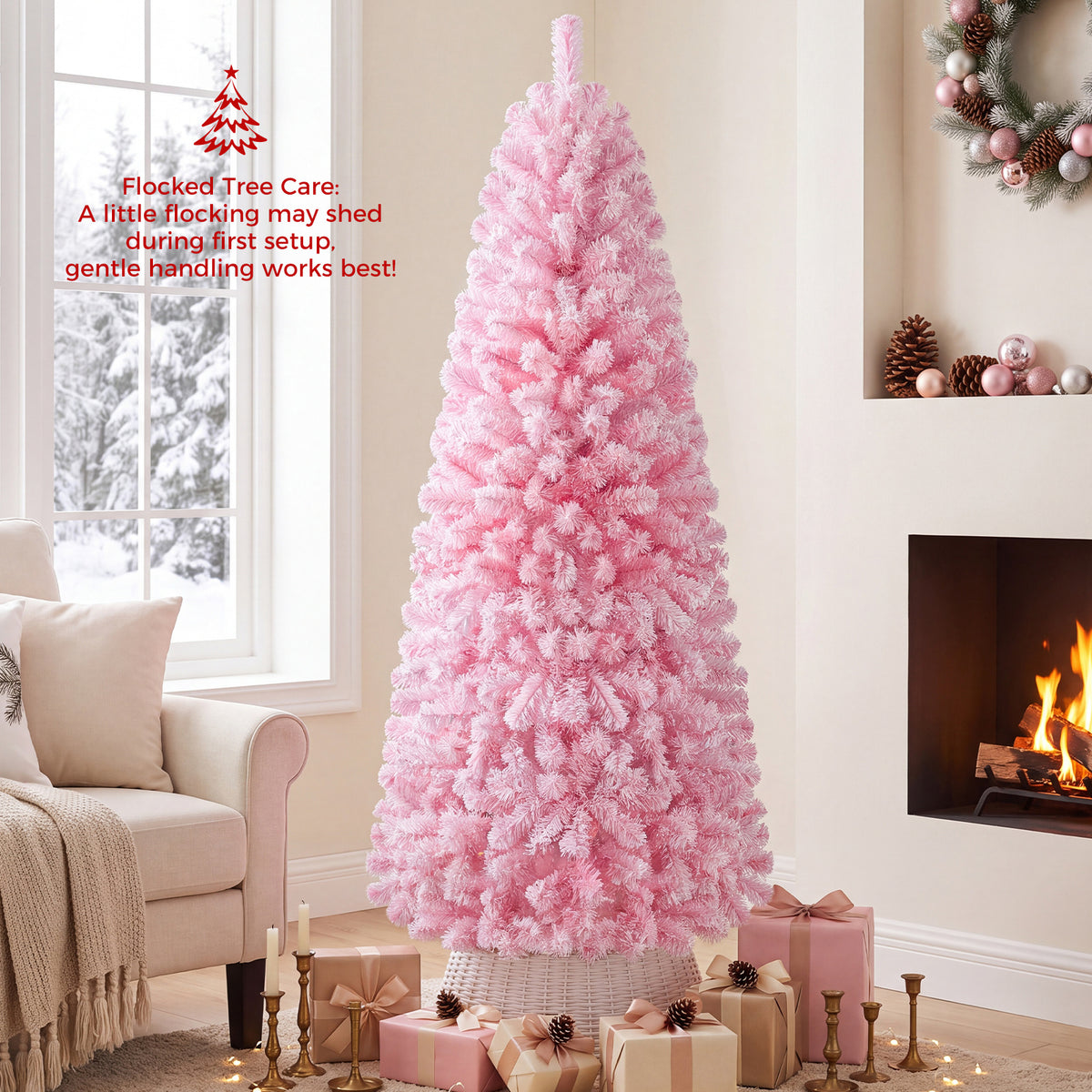 Flocked Pencil Christmas Tree with Full Branch Tips and Folding Metal Stand for Holiday Decor-180cm