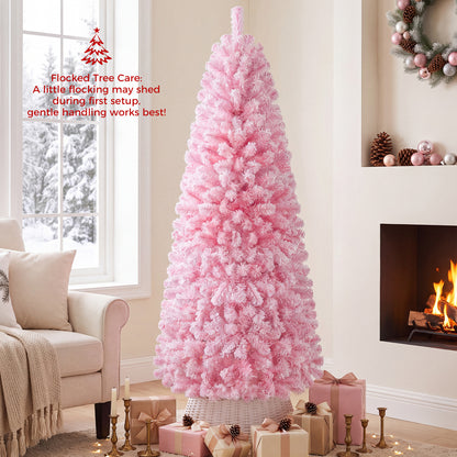 Flocked Pencil Christmas Tree with Full Branch Tips and Folding Metal Stand for Holiday Decor-180cm