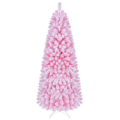 Flocked Pencil Christmas Tree with Full Branch Tips and Folding Metal Stand for Holiday Decor-180cm