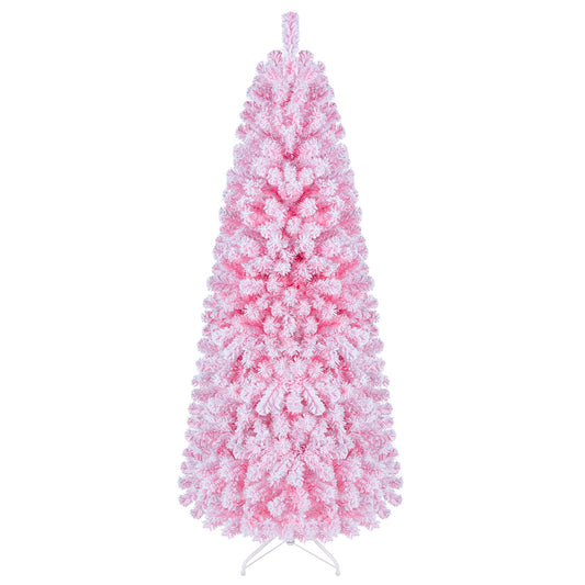 Flocked Pencil Christmas Tree with Full Branch Tips and Folding Metal Stand for Holiday Decor-180cm