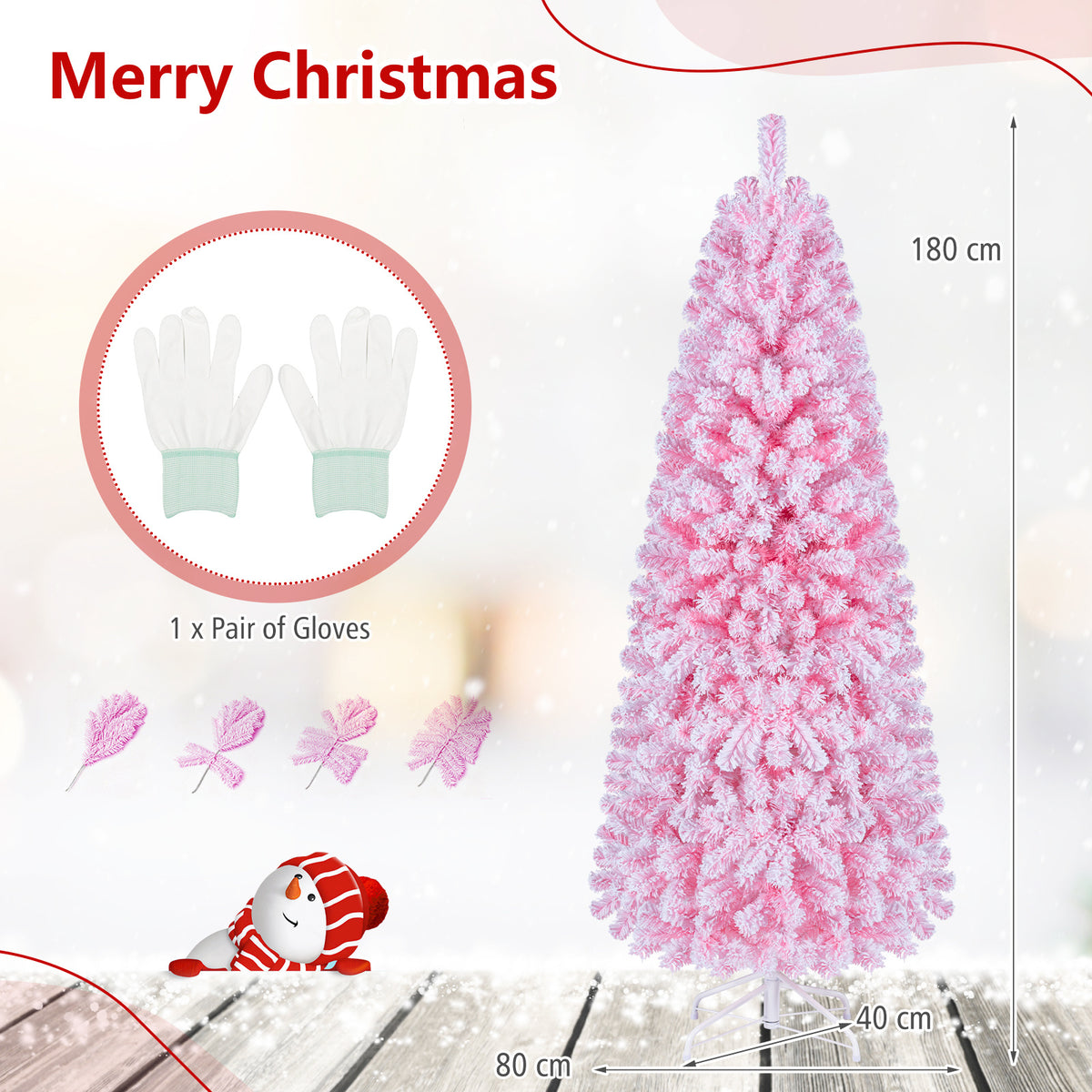 Flocked Pencil Christmas Tree with Full Branch Tips and Folding Metal Stand for Holiday Decor-180cm