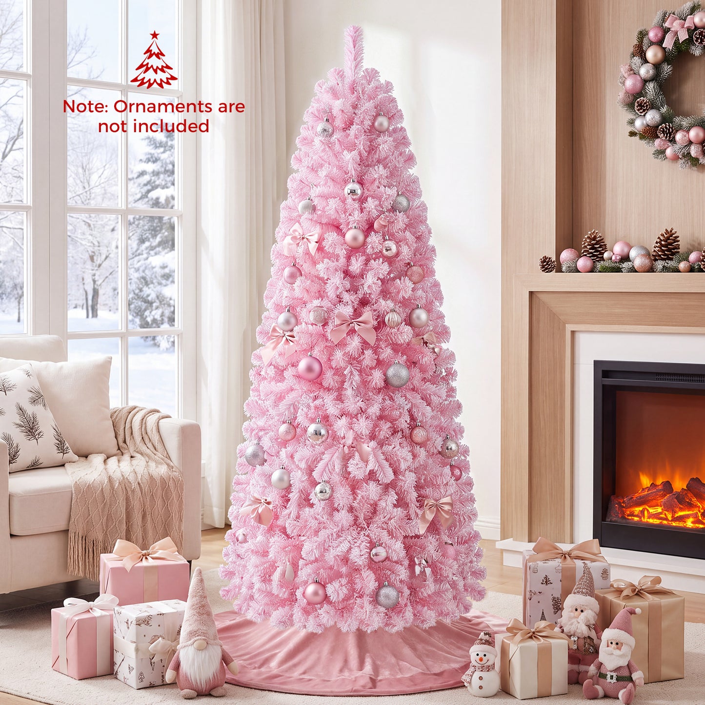 Flocked Pencil Christmas Tree with Full Branch Tips and Folding Metal Stand for Holiday Decor-180cm