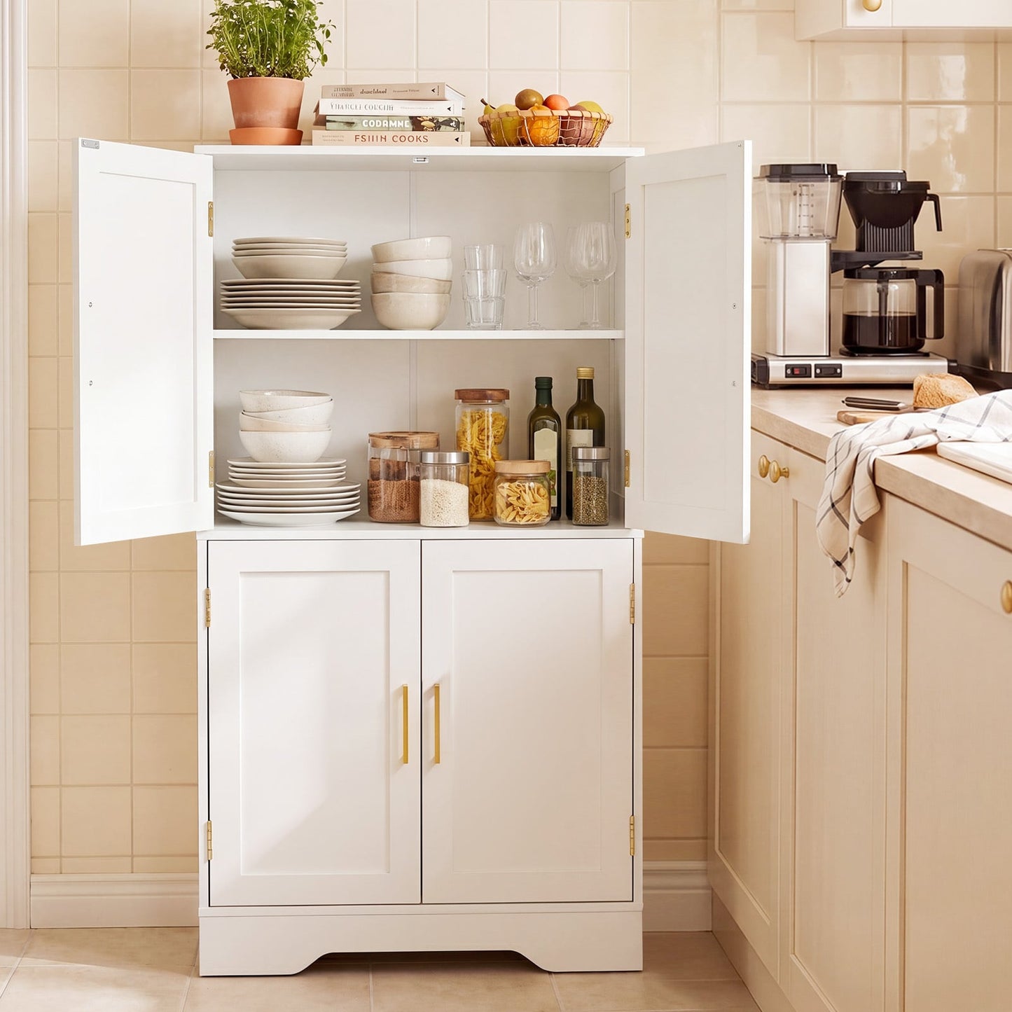 Floor Storage Cabinet with 4 Doors and 2 Adjustable Shelves Anti-toppling Kits Included-White