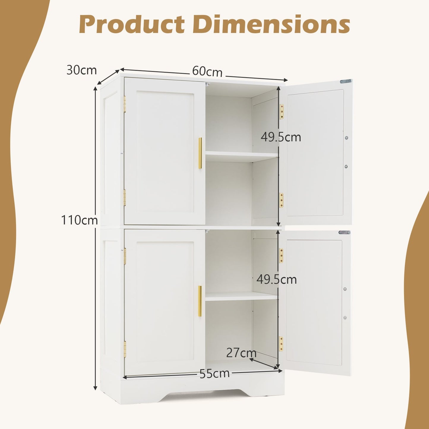 Floor Storage Cabinet with 4 Doors and 2 Adjustable Shelves Anti-toppling Kits Included-White