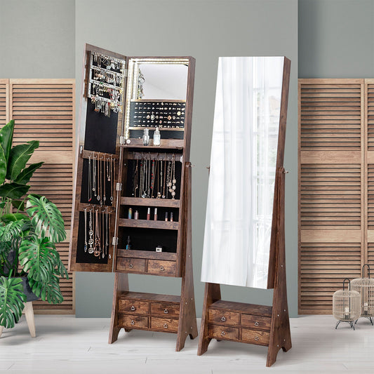 Floor Jewelry Armoire Organizer with Full-Length Mirror-Brown