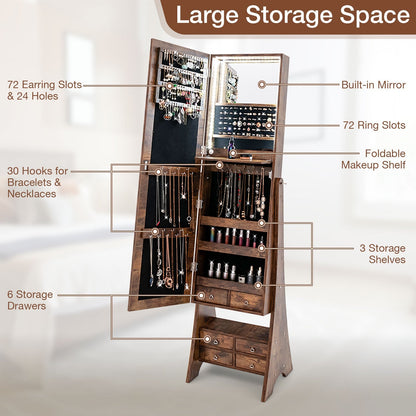 Floor Jewelry Armoire Organizer with Full-Length Mirror-Brown
