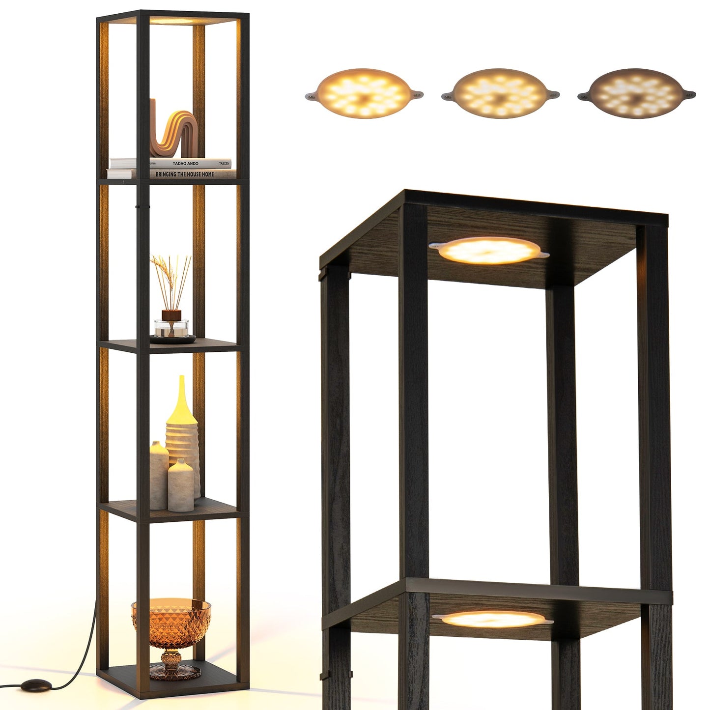 Floor Lamp with Shelves and 3-Way Dimmable LED Lights