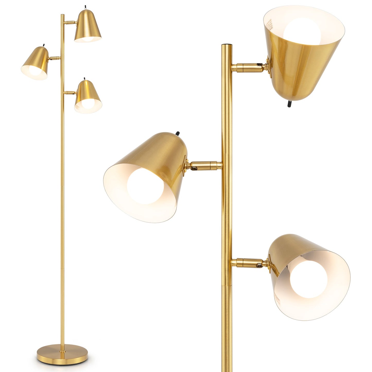 3-Bulb Floor Lamp with 3 E26 A19 Bulbs and Adjustable Lampshades-Golden