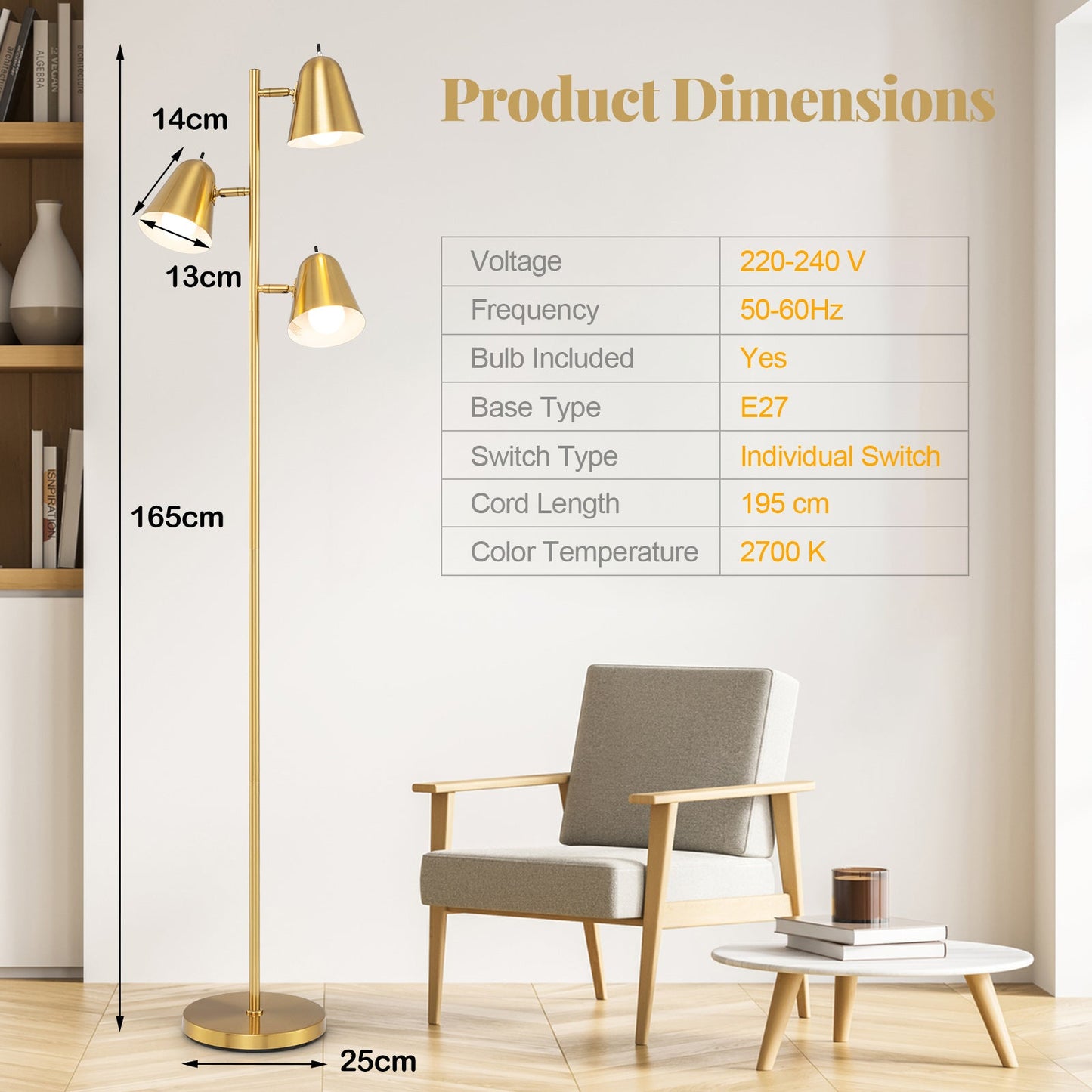 3-Bulb Floor Lamp with 3 E26 A19 Bulbs and Adjustable Lampshades-Golden