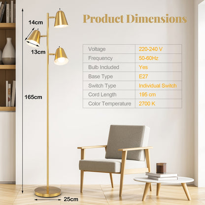 3-Bulb Floor Lamp with 3 E26 A19 Bulbs and Adjustable Lampshades-Golden