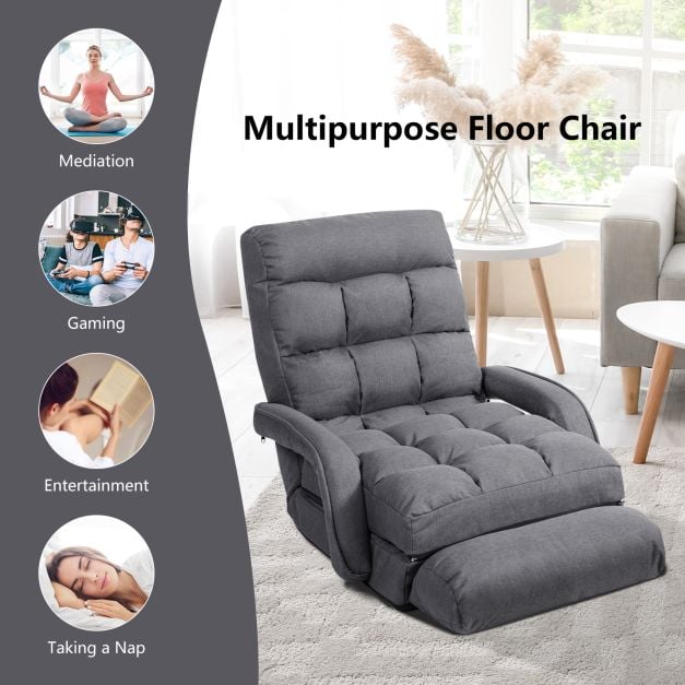 Adjustable Folding Floor Lazy Chair with Pillow-Grey