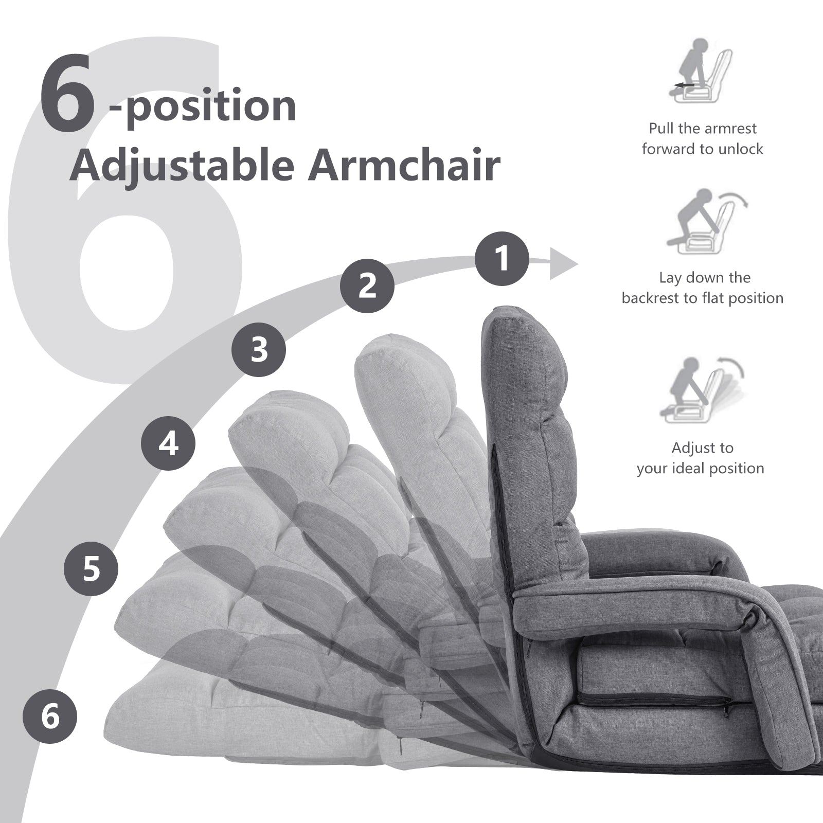 Adjustable Folding Floor Lazy Chair with Pillow-Grey