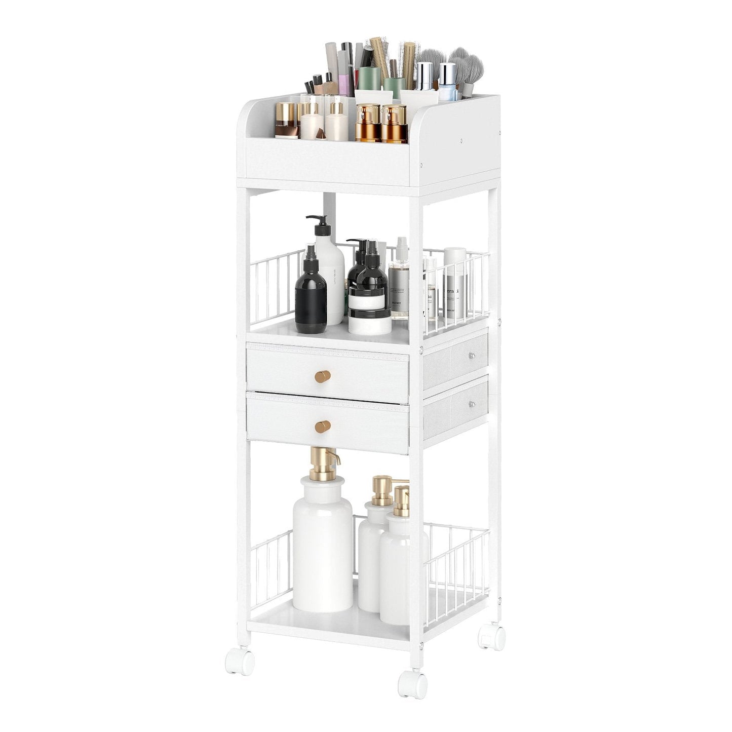 Floor Skincare Organizer Cart with Drawers and Storage Shelves-White