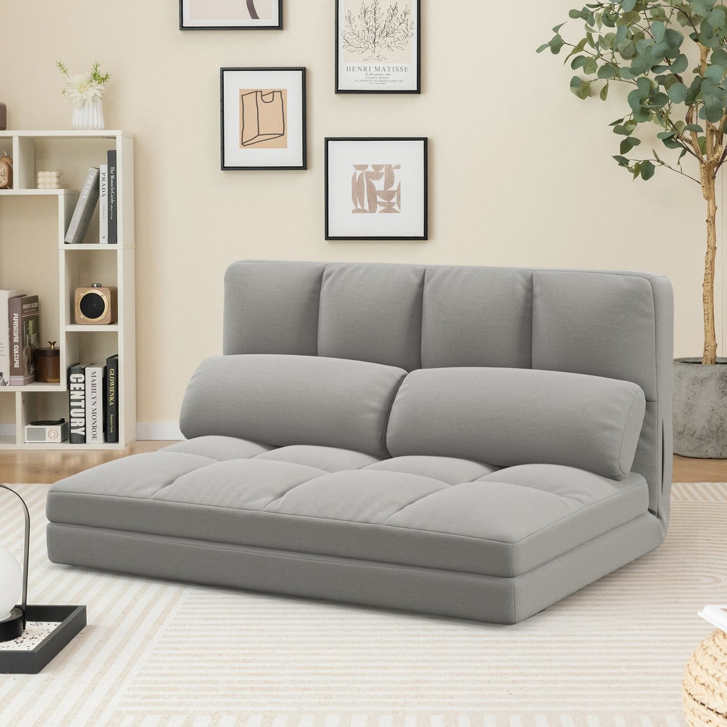 Floor Sofa Bed with 2 Pillows and Positions Adjustable Backrest-Grey