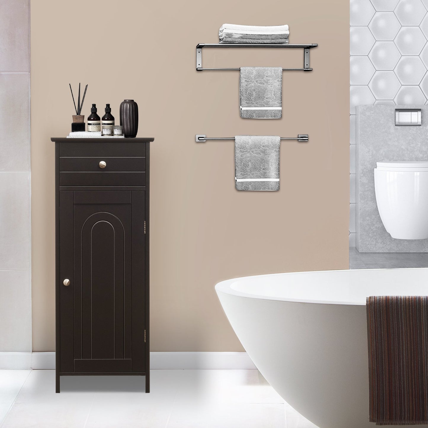 1-Door Freestanding Bathroom Storage Cabinet with Drawer and Adjustable Shelves-Coffee