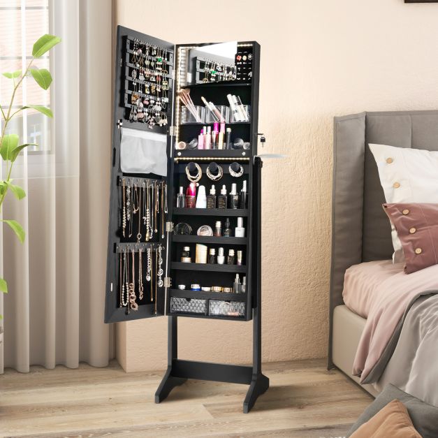 Freestanding LED Mirrored Jewellery Cabinet with Keyhole-Black