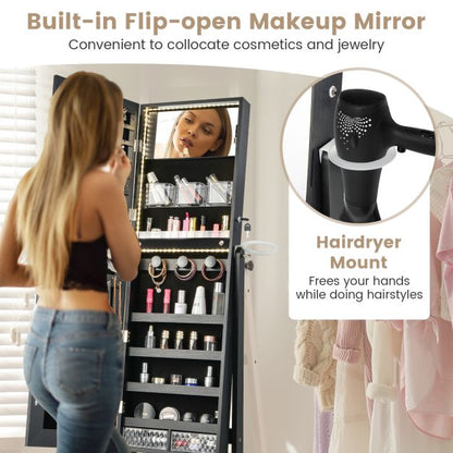 Freestanding LED Mirrored Jewellery Cabinet with Keyhole-Black