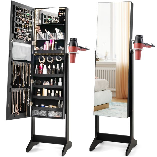 Freestanding LED Mirrored Jewellery Cabinet with Keyhole-Black