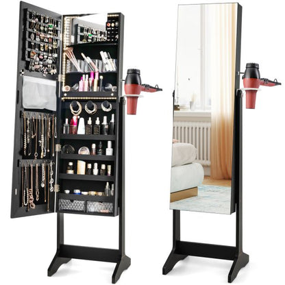 Freestanding LED Mirrored Jewellery Cabinet with Keyhole-Black