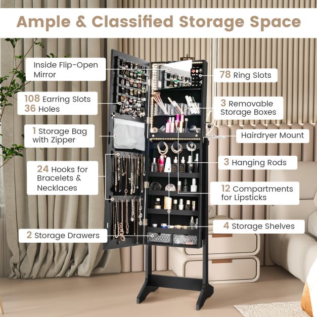 Freestanding LED Mirrored Jewellery Cabinet with Keyhole-Black